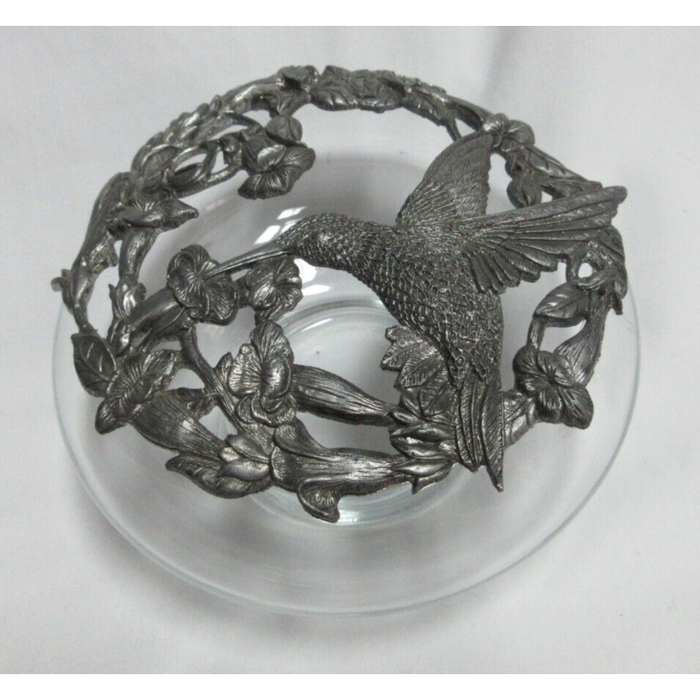 Vintage Metzke Pewter Blown Glass Potpourri--Trinket Jar Hummingbird Decor Y2K